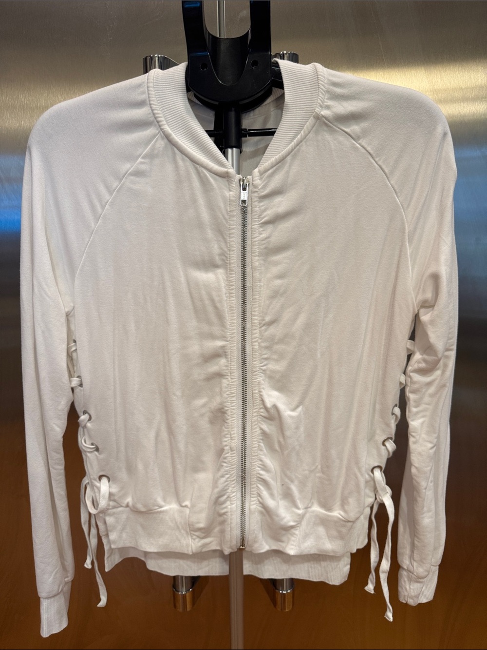 bobi White Zip-Front Bomber Jacket with Side Lace Ties